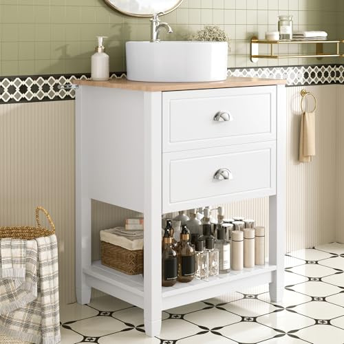 BNUZ Mobile lavabo da bagno con ceramica 60 x 90 cm, con 2 cassetti, vano portaoggetti aperto, mobiletto da bagno in bianco e effetto legno