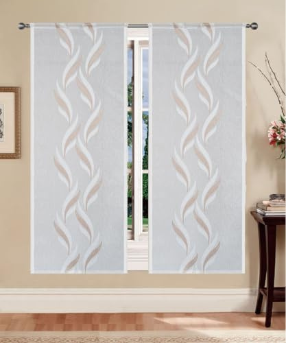 Home Tresor - Coppia Tende a Vetro Tendine per Interni Finestre, Portefinestre, Cucina, Cameretta, Soggiorno Mod. MADRID Jacquard Semitrasparente - 45x150 cm, Tortora