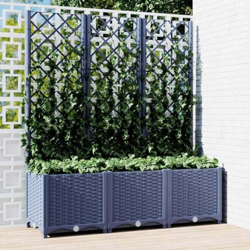 Hommdiy Garten Pflanzkübel mit Rankgitter,Pflanzkasten mit Spalier, Blumenkübel mit Gartenspalier, Hochbeet Blumenkasten mit Rankhilfe 120 x 40 x 136 cm Blaugrau PP
