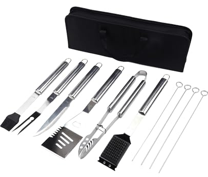 Amig - Kit 10 Accesorios para Barbacoa - Acero Inoxidable - Set Completo de Utensilios - Accesorios Prácticos y Presentación Cuidada para Regalo - Mod. AM03