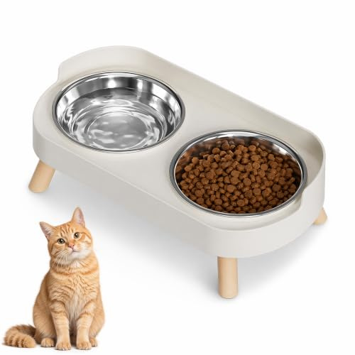 LOMUG Kattskål upphöjd, 2 stycken upphöjda katter skålset rostfritt stål dubbla kattskålar med stativ och stänkskydd halkfri matskål kattskål, matskål vattenskål set för katter (vit)