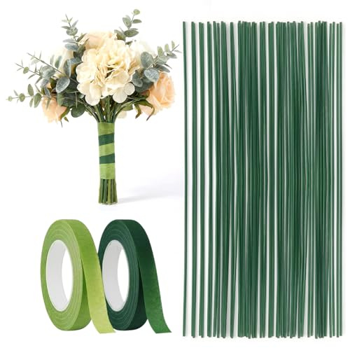 200 stycken falska blomstjälkar 30 cm, grön blomsterjärntråd med 2 rullar självhäftande blomband, flexibel metalltråd för blomkompositioner, brudbukett, kransar och gör-det-själv