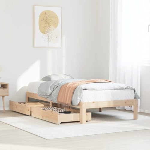 RCODSSK Massivholzbett 90x200 cm mit Zwei Schubladen aus Kiefernholz und Lattenrost für optimalen Stauraum