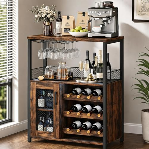 Koioplie Weinregal, 70x35x92 cm, Retro | Mit verstellbaren Ablagen und Glashalter, Industrial Design mit LED-Licht, geeignet für Küche, Esszimmer und Wohnzimmer