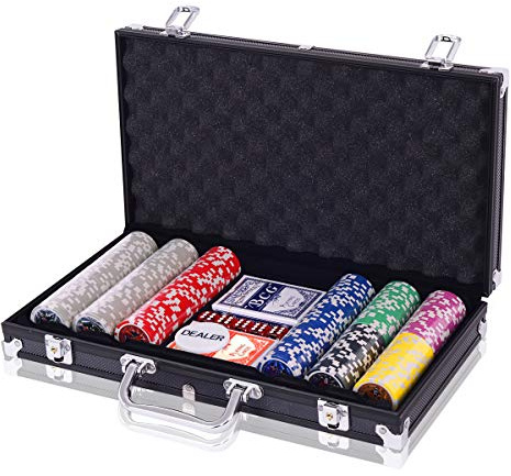 COSTWAY Malette Poker, Jetons Poker avec Ensemble de 300 Jetons et 2 Jeux de Cartes, 5 Dés, 1 Bouton, Dealer, Mallette en Aluminium (Noir)