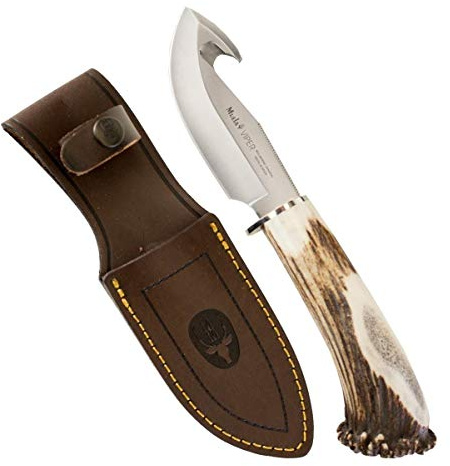 Muela Cuchillo VIPER-11S hoja de acero ACX-380 de 11 cm y empuñadura de asta de ciervo para Caza, Pesca, Supervivencia y Bushcraft Realizado en Ciudad Real + Portabotellas de regalo