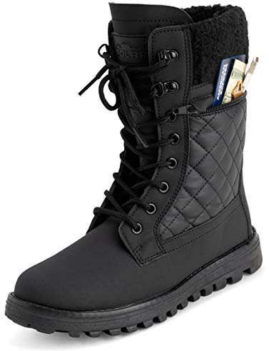 Polar Womens Memory Foam Outside Pocket Inside Zip Thermal Waterproof Deep Tread Rubber Sole Snow Boots - Black Leather Mono - UK8/EU41 - YC0622