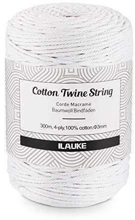 ilauke Corda Di Cotone 300 M,4 Pezzi Filo Spago Cotone Naturale 3 mm Per Tessitura Acchiappasogni,Decorazioni Da Parete,Regali Decorativi Per Boemia Macrame per Artigianato,Ganci per Piante,Bianco