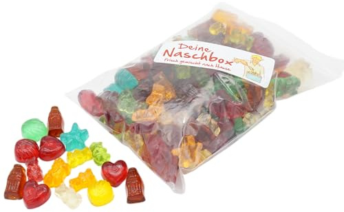 Deine Naschbox | Zuckerfreier Fruchtgummi 4 Sorten Mix | 500g Nachfüllbeutel | Minimale Verpackung 100% recyclebar - Großpackung - Cola - Frucht