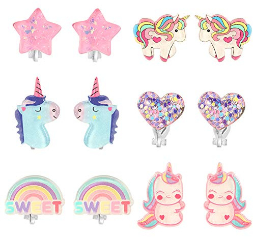 PinkSheep Boucles d'oreilles licorne à clip pour petites filles, boucles d'oreilles arc-en-ciel pour enfants, 6 paires, meilleur cadeau