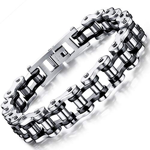 OSTAN Herren Edelstahl Armbänder Fahrradkette Biker Motorradkette Gliederkette Herren Armband Rock Band Armreif (schwarz + silber, 20)