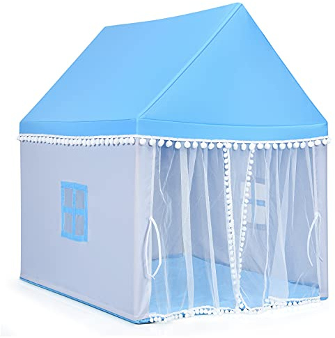 GOPLUS Spielhaus Kinder Indoor, Kinderzelt mit waschbarer Matte, Massivholzrahmen, Fenster & Vorhängen, Kinderspielhaus für Kinderzimmer, Prinzessin Zelt, Kinderzelt für 2-3 Kinder ab 3 Jahre (Blau)