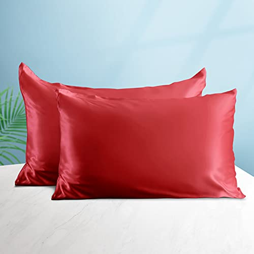 THXSILK 2er Set Kopfkissenbezüge Seide mit Reißverschluss für Haare und Haut, 100% 22 Momme Seiden Kissenbezüge Weich und Atmungsaktiv, 40x80cm, Rot