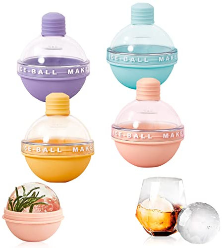 HyzaPhix 4 moldes para hacer bolas de hielo con forma de bulbo para hacer cubitos de hielo de silicona redonda con tapa para cóctel, bourbon, whisky, cerveza (4 piezas)