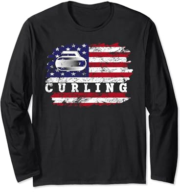 Vintage Curling Stone USA Flag Player Winter Sports Long Sleeve T-Shirt