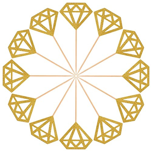 Cupcake Toppers, 50 Pack Gold Glitter Diamond Ring Donut Toppers Cupcake Picks for Bridal Shower Engagement Party Decorations
