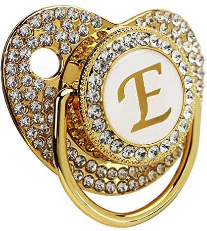 Goldener Baby-Schnuller, Personalisiertes Schnuller Schnullerclip, Schnuller mit 26 Buchstaben von A Bis Z Staubschutz für Neugeborene, Silikon-Säuglingsnippel, für 6 Bis 18 Monate (Buchstabe E)