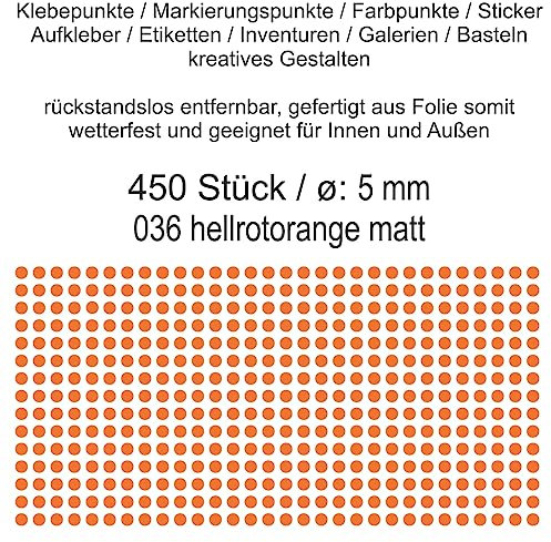 Aufkleber Etiketten Klebepunkte aus Folie 450 Stück orange rot hellrotorange matt rund 5 mm selbstklebend farbig wetterfest Decal Markierungen Organisieren DIY basteln verzieren Modellbau Scrapbooking