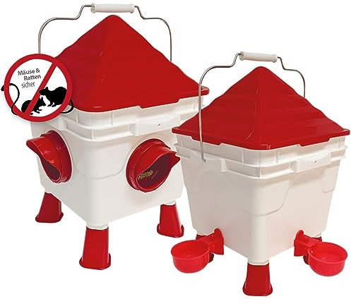 Breker Hühner Tränkeeimer 8 L + Futterautomat 6 KG [mit ABNEHMBAREN STANDBEINEN] Futterspender & Hühnertränke für Hühner, Enten und Gänse - inkl. 1M Metallkette - Automatiktränke - mit 4 Öffnungen
