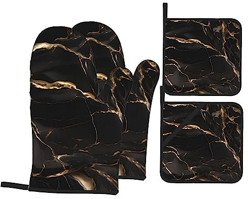 Set di guanti da forno e presine in marmo nero e oro, resistenti al calore, 4 pezzi, per cucina, cottura, grigliate, barbecue