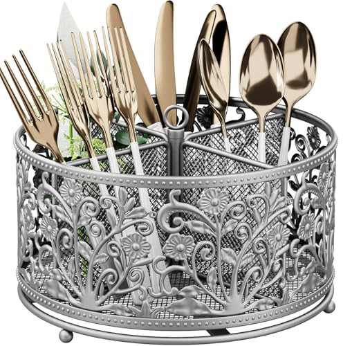 YIUKEA 360° Rotating Utensil Caddy - Silverware Cutlery Caddy Holder with 4 Compartment, Metal Flatware Organizer Countertop with Handle for Party Camping Picnic, Kitchen Counter, Office (Silver)