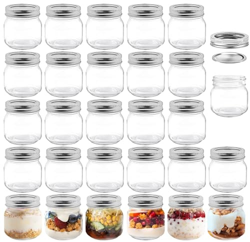 LYCN 28 Pack Small Glass Mason Jar, 8oz/240ml Regular Mouth Canning Jars | Clear Mini Glass Mason Jar with Metal Split Lids for Honey Spices Pickling Jam Jelly Overnight Oats