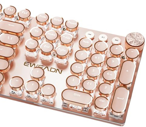 TISHLED Typewriter Style Mechanical Gaming Keyboard White LED Backlit 104-Key NKRO Pink Switches Retro Round Keycaps Golden Ring Volume Knob Metal Panel Wired USB-C Detachable Cable, Pink | 104-Key NKRO Pink Switches Retro Round Keycaps Gold Rings Volume Knob Metal Panel Wired USB-C Detachable Cable, Rose Gold