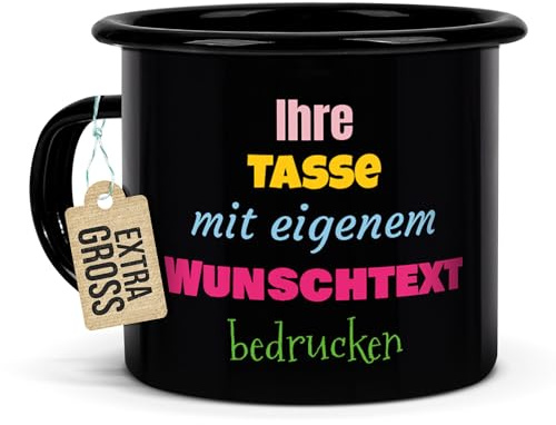 Tassendruck Schwarze Emaille-Tasse personalisieren mit Wunschtext - Geschenke für Camper, Camping Becher personalisiert, Emaille bedrucken | Personalisiertes Geschenk, Bruchsicher, 480ml
