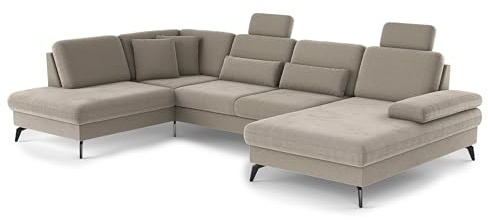 Cavadore Wohnlandschaft Moritz / Sofalandschaft mit Longchair im trendigen Design, Sitztiefenverstellung, Kopfstützen und mattschwarzen Metallfüßen / 212 x 82-107 x 335 / Mikrofaser, Perlbeige