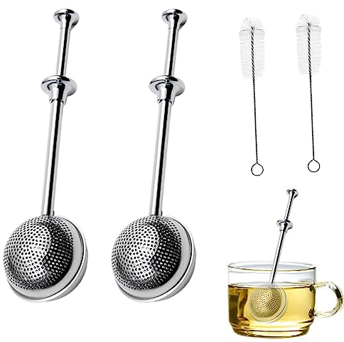 ANAJOY 2 pcs Long Handle Tea Ball with Straw Brushes, Stainless Steel Ball-Shaped Tea Infuser Filter for Loose Leaf Tea, Reusable Fine Mesh Tea Interval Diffuser Strainer for Tea Cup(Silver)