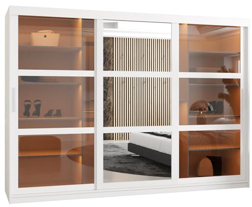 MEBLE KRYSPOL Dome 2 Schrank mit DREI Schiebetüren mit Spiegel, Stangen und Regalen - Aufbewahrungsschrank mit Rauchglas für Schlafzimmer, Wohnzimmer - 200x250x62cm - Weiß, Weiß, Silber