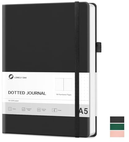 Lonely Oak Notizbuch A5 Hardcover Bullet Dotted Journal 120g/m²Dickes Premium Säurefreies Papier, 156 Seiten Journal mit Gummiband & Innentasche, 14,5 x 21,3 cm (Schwarz)