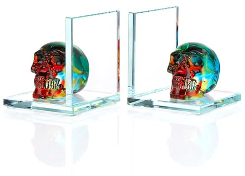 Buchstützen für Regale, Glas-Buchstützen mit Beschichtung, mehrfarbiger Kristall-Schädel, Tag-der-Toten-Dekoration, rutschfest, stabil, dekorative Buchstützen für schwere Bücher, Büro, 2 Stück