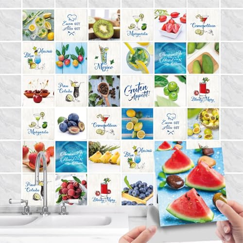 36 Stück Fliesenaufkleber Küche Selbstklebende - Küchenrückwand Fliesenfolie PVC mit Kaffee Spruch - Wasserdicht Ölfest Fliesensticker für Wand-fliesen Schrank Dekorative (Obst, 15x15cm)