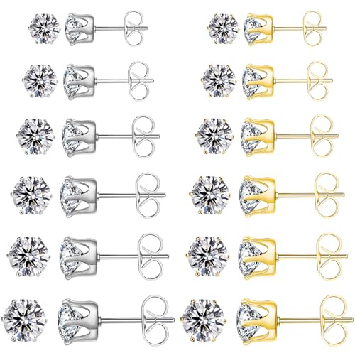 12 Paires de Boucles d'Oreilles Point Lumière en Acier Inoxydable - Homme Femme - Diamant Argent et Or 3-8mm
