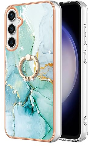 Reevermap Samsung S25 Case Galaxy S25 5G Case with Ring Holder, Shockproof Silicone Marble Phone Cover Kickstand Soft Metallic TPU Rubber Bumper Case for Samsung Galaxy S25, Green
