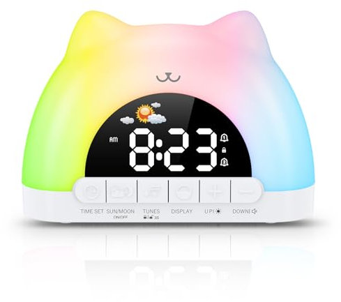 ORIA Kinderwecker, Digital Schlaftrainer Kinderwecker, mit 11 RGB Nachtlicht, 10 Musikarten Soundmaschine, Dual Alarms, Aufwachen, Snooze Funktion, 12/24, Wecker für Mädchen Jungen