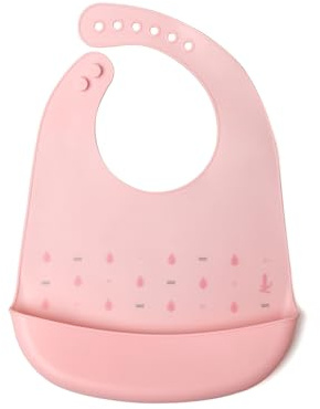 Kiokids | Babero Blandito de Silicona Rosa | Impermeable y Fácil Limpieza | Ajustable al Cuello con 7 Posiciones | Cómodo para el Bebé | Transporable y Enrollable | Con Bolsillo Recogemigas | +4 Meses