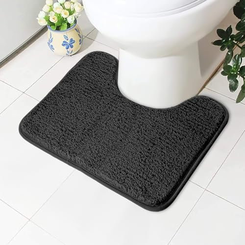 AUAUY Absorbent Toilet Mat, Non Slip Extra Soft Bathroom Pedestal Mat, Microfiber Fluffy Shaggy Toilet Rug, Machine-Washable Quick Dry Bath Mat for Bathroom, U-shape Thick Toilet Rug, 50x40cm(Black)