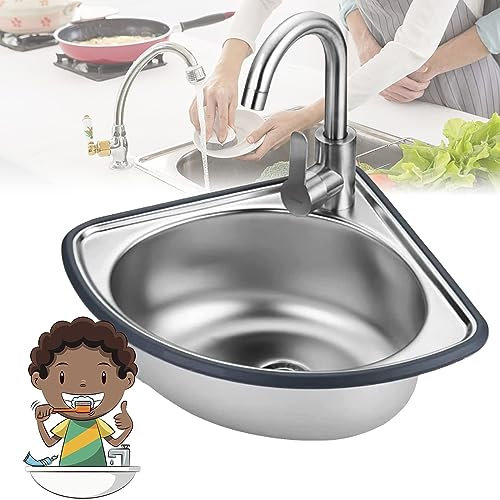Fregadero esquinero de cocina de acero inoxidable con escurridor y grifo, lavabo triangular para garaje, lavandería, restaurante, profundidad 15 cm