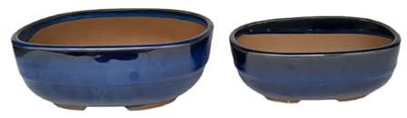 Genérico BIOMATA Macetas Bonsai Ceramica para Shohin y Kifu Set 2 Uds | 16,3x11,7x6 cm la Grande | 13,5x10.3x5 cm la Pequeña | Tiesto Ovalado Azul Doble Agujero Drenaje | Resistente a Cualquier Clima