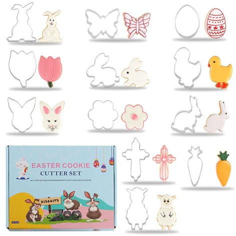 Belons Juego de 12 cortadores de galletas de Pascua, conejos, huevos de Pascua, cruz, cortadores de galletas de acero inoxidable para decoración de pasteles de fondant, glaseado, pastelería, azúcar,