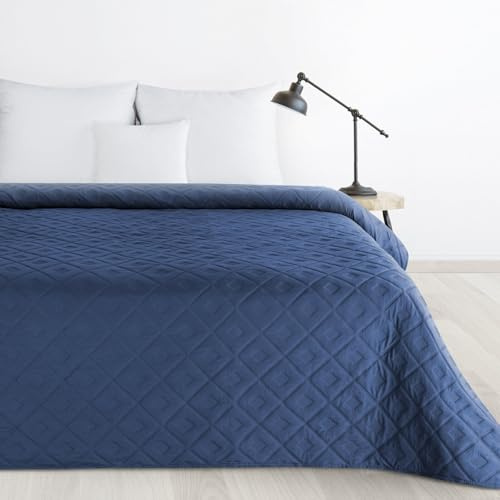 Design91 Tagesdecke Alara Gesteppter Bettüberwurf Einfarbig Steppung 3D Geometrisches Muster Ganzjährig (Dunkelblau 6, 170 cm x 210 cm)