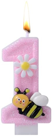 1st Birthday Candle, Shiny Pink Number Candle Cute Cake Topper for Girls Women First Birthday Decoration Anniversary (Bee)