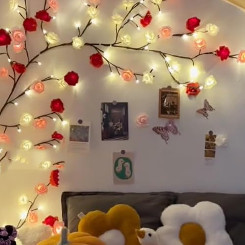 VIMAZ Rose LED Tree Branch Lights for Wall Art,8 Modes Rose Wall Lights with 48 LED,Remote,Timer,Roses Lamp LED Vine Fairy Lights,Decorations for Bedroom,Christmas