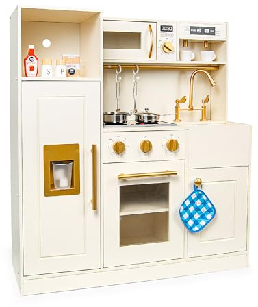 Leomark Cuisine Jouet en Bois Interactive avec lumière et Son, cuisinière + Micro-Ondes + évier 89 cm + Accessoires (Roma)