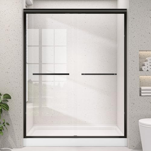 OGONBRICK Double Sliding Black Shower Door 68-72 in. W x 75 in. H Sliding Semi-Frameless Glass Shower Doors for Bathroom 1/4 inch Clear Tempered Glass Door for Walk-in Shower Matte Black Harewares