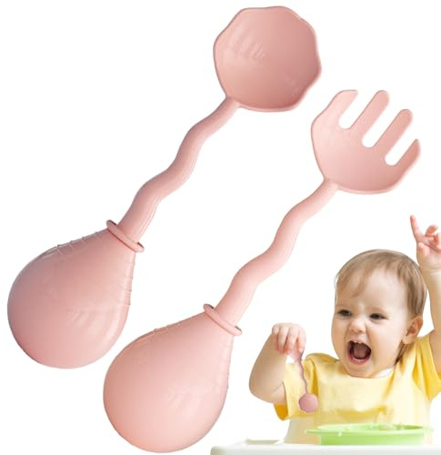Kustimantu Cuchara para niños pequeños, cubiertos antiadherentes para niños, cubiertos ergonómicos para bebé, para camping, viajes, restaurante