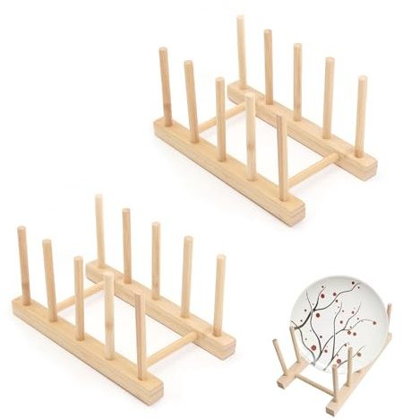 KLVGTIFS 2 Pezzi Scolapiatti in Legno, Supporto per Piatti, Scolapiatti da Appoggio, Portapiatti per Armadietti, Organizzatore per Armadietti Cucina per Piatti, Ciotole, Taglieri e Libri