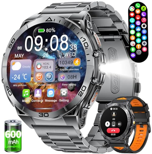 Montre Connectée Homme, 1.6 AMOLED Smartwatch Homme avec Appel Bluetooth, LED Lampe, 100+ Modes Sportifs, IP68 Étanche, Fréquence Cardiaque/Suivi du Sommeil, 600mAh Montre Fitness, Android iOS EF16-A